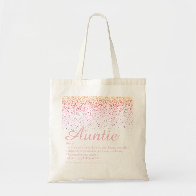 Rosa Glitter Chic Script Auntie Moster Definition Tygkasse (Framsidan)
