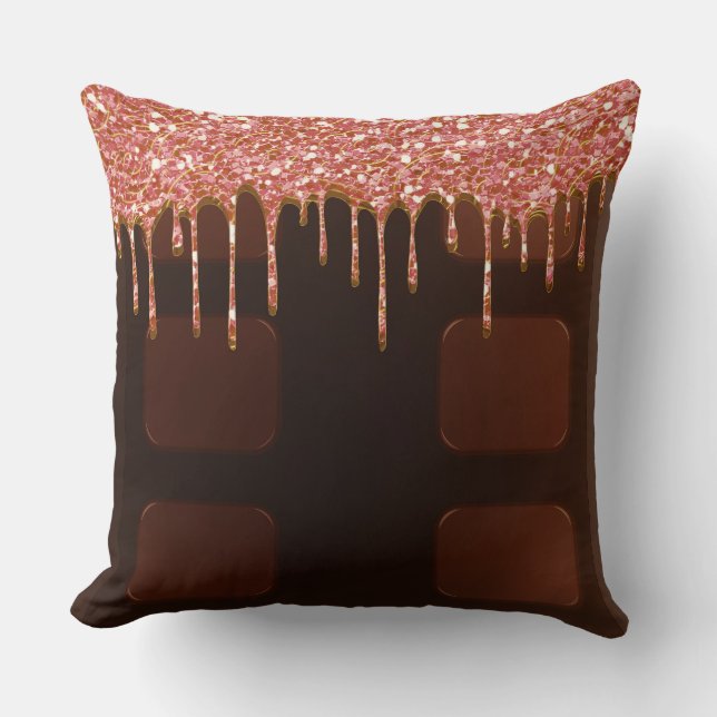 Rosa glitter-choklad-dryp-socker-godis tjejig kudde (Framsida)