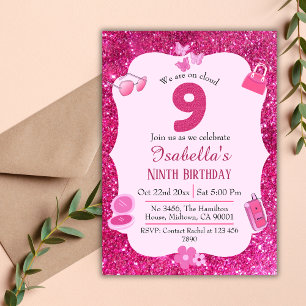 Rosa glitter Cloud 9, söt chic, fyller år Inbjudningar