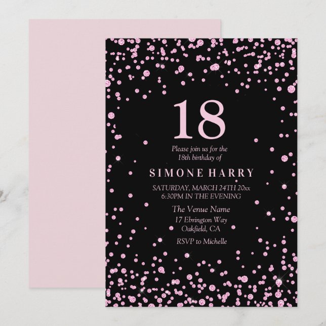 Rosa Glitter Confetti 18:e Födelsedagsfesten Inbju Inbjudningar (Fram/baksida)