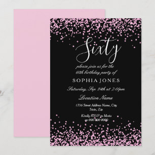 Rosa Glitter Confetti Black 60:e födelsedagsfesten Inbjudningar