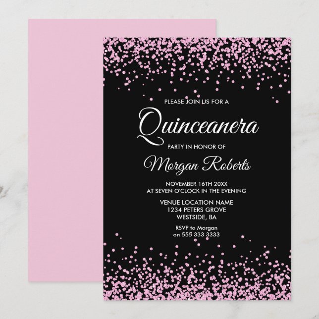 Rosa Glitter Confetti Black Quinceanera Inbjudan (Fram/baksida)