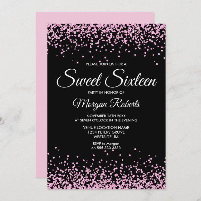 Rosa Glitter Confetti Black Sweet 16 Inbjudan (Fram/baksida)