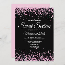 Rosa Glitter Confetti Black Sweet 16 Inbjudan