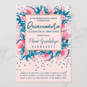 Rosa Glitter Confetti Blommigt Español Quinceañera Inbjudningar