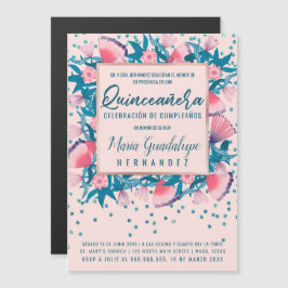 Rosa Glitter Confetti Blommigt Español Quinceañera Magnetisk Inbjudningskort
