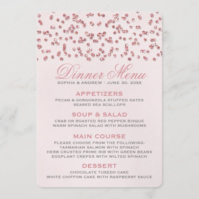 Rosa Glitter Confetti Bröllop Menu Meny (Framsida)