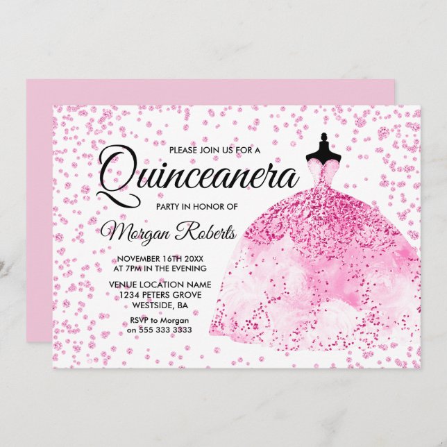 Rosa Glitter Confetti Dress Quinceanera Inbjudan (Fram/baksida)