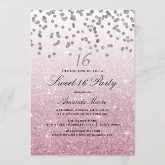 Rosa Glitter Confetti Sweet 16-inbjudan Inbjudningar