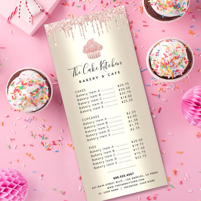 Rosa Glitter Cupkaka Guld Bakery Pastry Chef Menu Reklamkort (Skapare uppladdad)