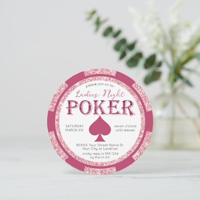 Rosa Glitter Dam Night Poker Chip Inbjudningar (Stående Fram)