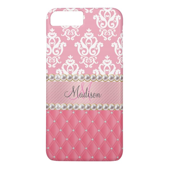 Rosa Glitter, Damask, tuftad med faux rhinestones Case-Mate iPhone Skal (Baksida)