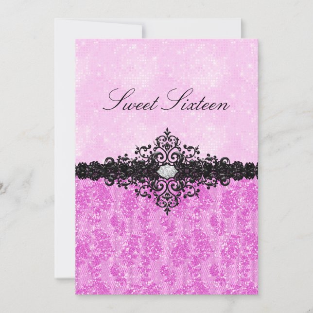 Rosa glitter damast Sweet 16 inbjudan (Framsida)