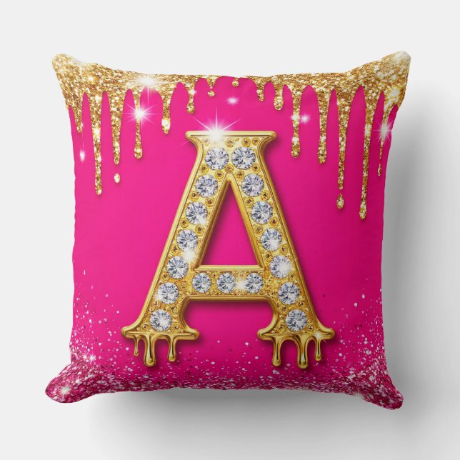 Rosa Glitter Diamant Initial A Guld Ram Monogram Kudde (Framsida)