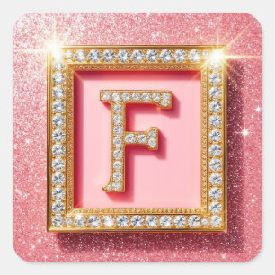 Rosa Glitter Diamant Initial F Guld Ram Monogram Fyrkantigt Klistermärke