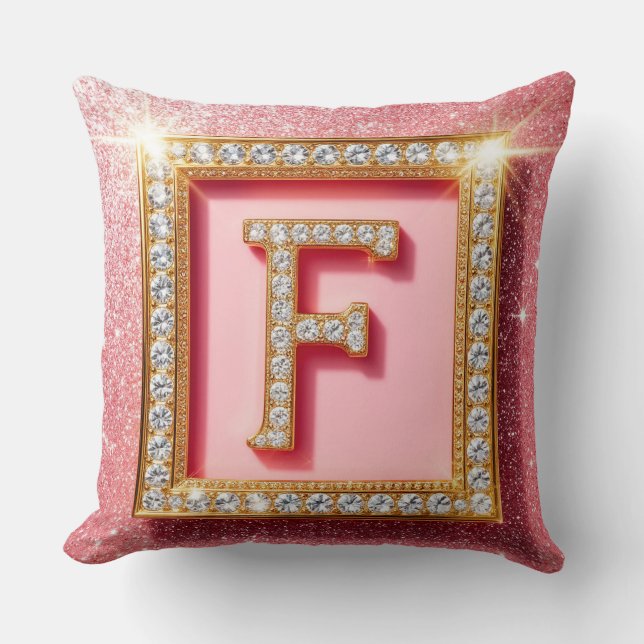 Rosa Glitter Diamant Initial F Guld Ram Monogram Kudde (Framsida)