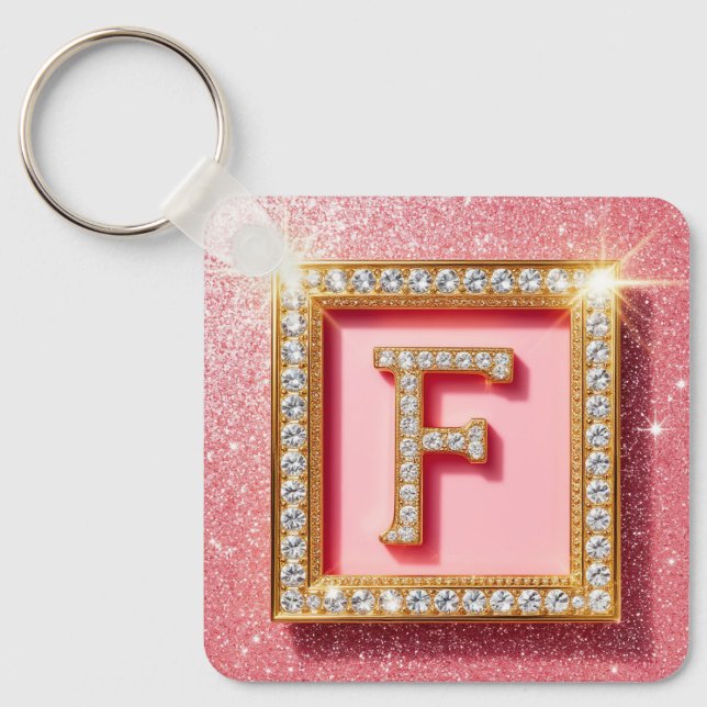 Rosa Glitter Diamant Initial F Guld Ram Monogram Nyckelring (Framsida)