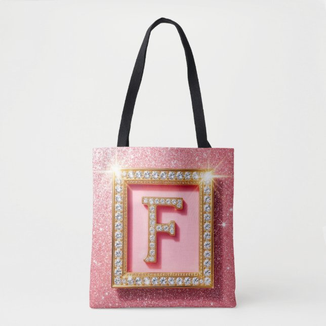 Rosa Glitter Diamant Initial F Guld Ram Monogram Tygkasse (Framsida)