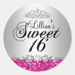 Rosa glitter & diamant tiara Sweet 16 dekal Runt Klistermärke