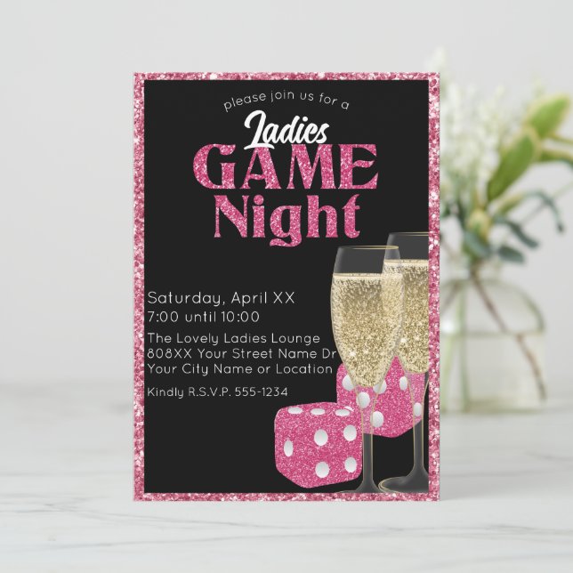 Rosa Glitter Dice Dam Game Natton Black Inbjudningar (Stående Fram)