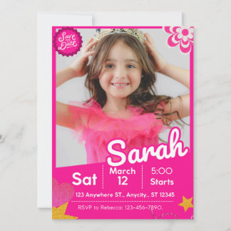 Rosa Glitter Doll Inspired Birthday-inbjudan