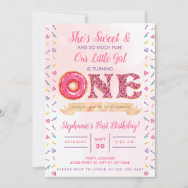 Rosa, Glitter, Donut Birthday Inbjudningar