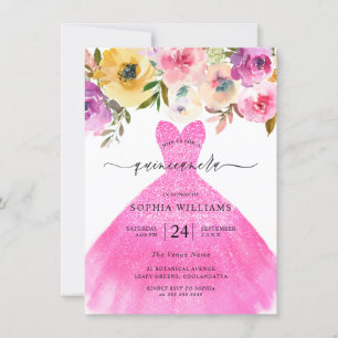 Rosa Glitter Dress Colorful Flowers Quinceanera Inbjudningar