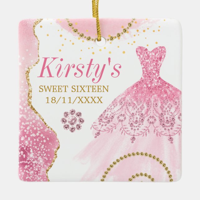 Rosa Glitter Dress & Glam kant & diamanter Söt 16 Julgransprydnad Keramik (Framsida)