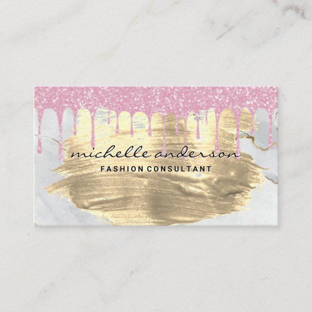 Rosa Glitter Drift | Guld Brushed | Marble Visitkort (Framsida)