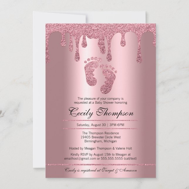 Rosa Glitter Drip Ro Luxury Metallic Baby Shower Inbjudningar (Framsida)
