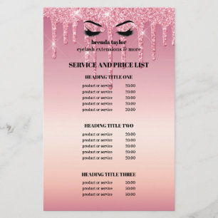 Rosa Glitter Dripps EYELASH SALON SERVICE LIST Flygblad