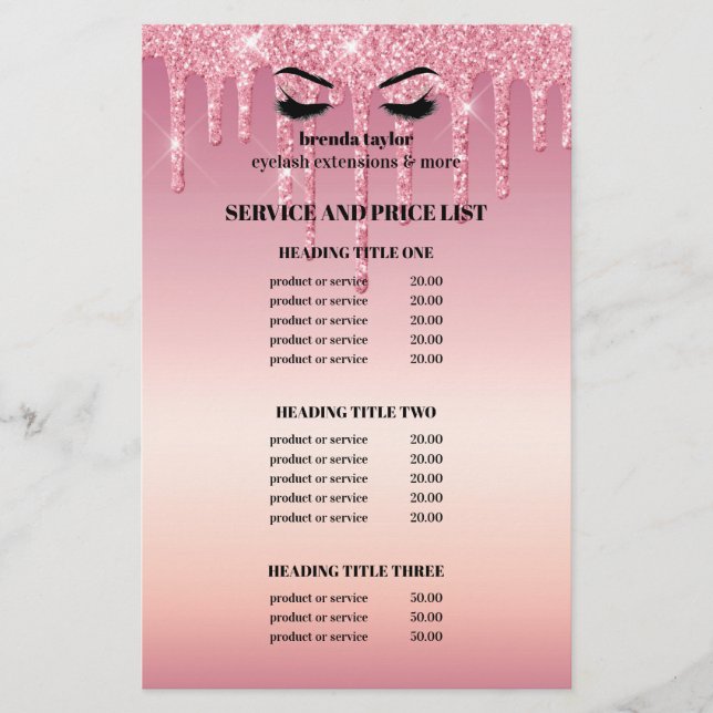 Rosa Glitter Dripps EYELASH SALON SERVICE LIST  Flygblad (Framsidan)