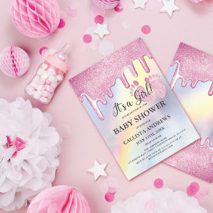 Rosa Glitter Driver Regnbåge Holografisk babystöta Inbjudningar
