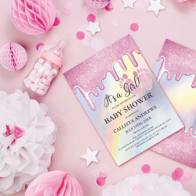 Rosa Glitter Driver Regnbåge Holografisk babystöta Inbjudningar (Skapare uppladdad)