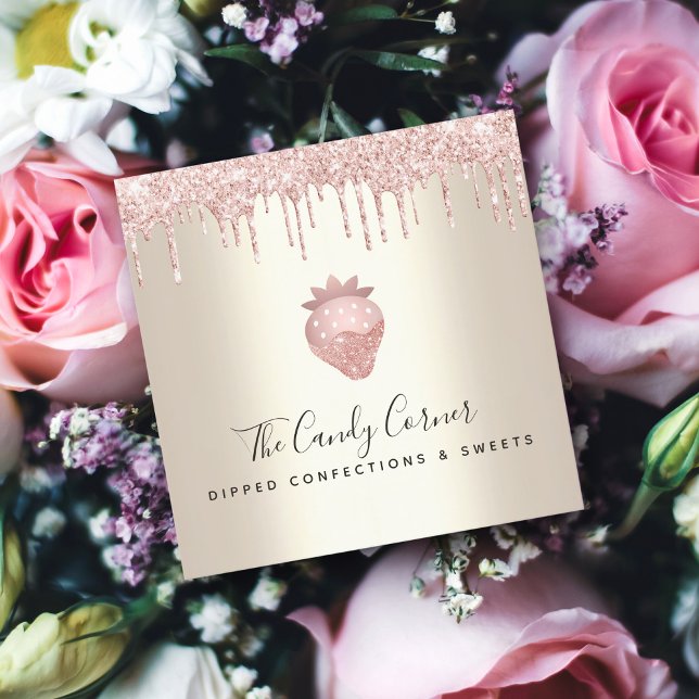 Rosa Glitter Drives Chocolate Strawberry Sweet Gul Fyrkantigt Visitkort (Skapare uppladdad)