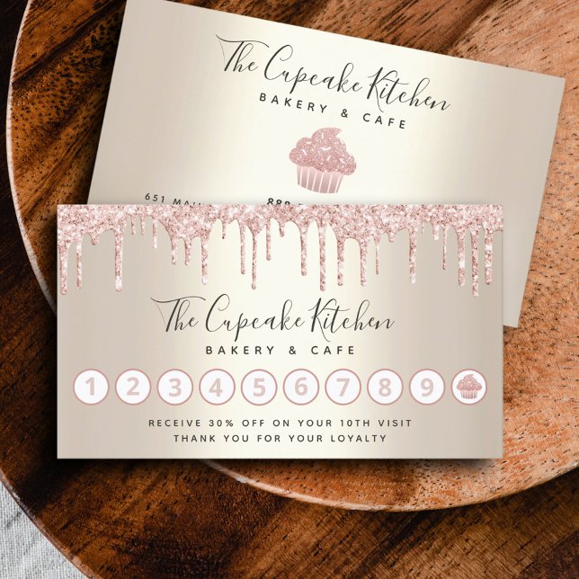 Rosa Glitter Drives Cupcoa Bakery Pastry Chef Guld Lojalitetskort (Skapare uppladdad)