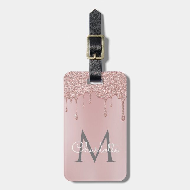 Rosa Glitter Drives Monogram Elegant Girly-skript Bagagebricka (Vertikal Framsida)