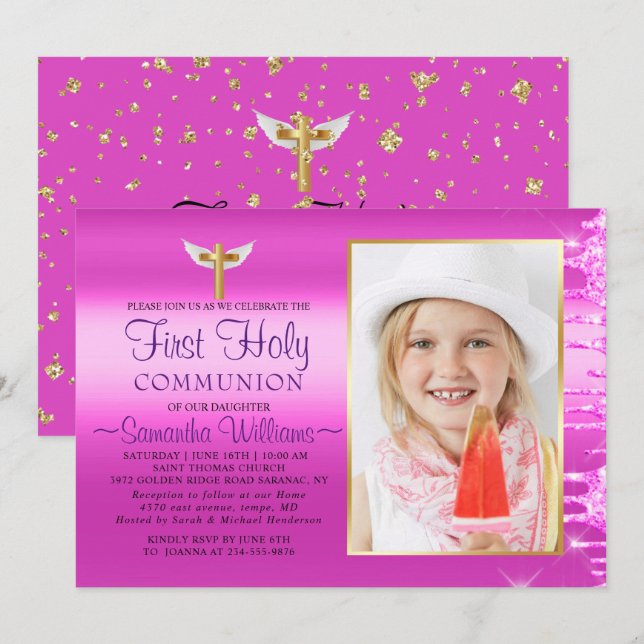 Rosa Glitter Drives Photo First Communion Inbjudningar (Fram/baksida)