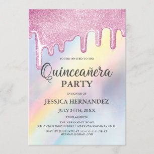 Rosa Glitter Drives Rainbow HoloGrapeañera Quincea Inbjudningar