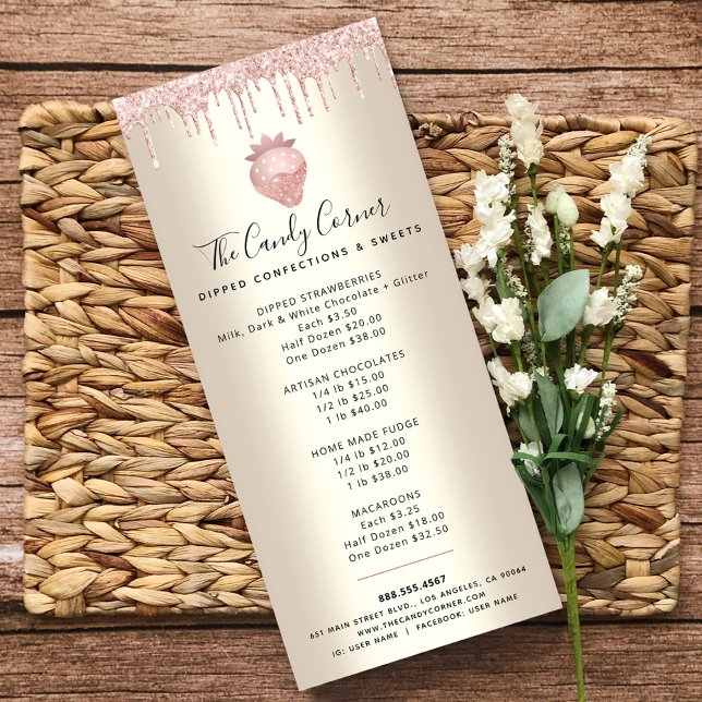 Rosa Glitter Drives Strawberry Dessert Guld Menu Reklamkort (Skapare uppladdad)