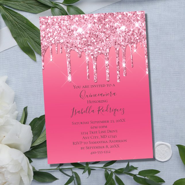 Rosa glitter droppande kvinnlig trendig Quinceaner Inbjudningar (Skapare uppladdad)