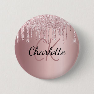 Rosa glitter droppar anpassningsbar monogram namn knapp