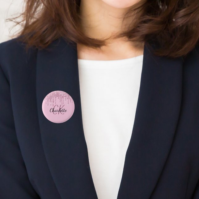 Rosa glitter droppar anpassningsbar monogram namn knapp (Skapare uppladdad)