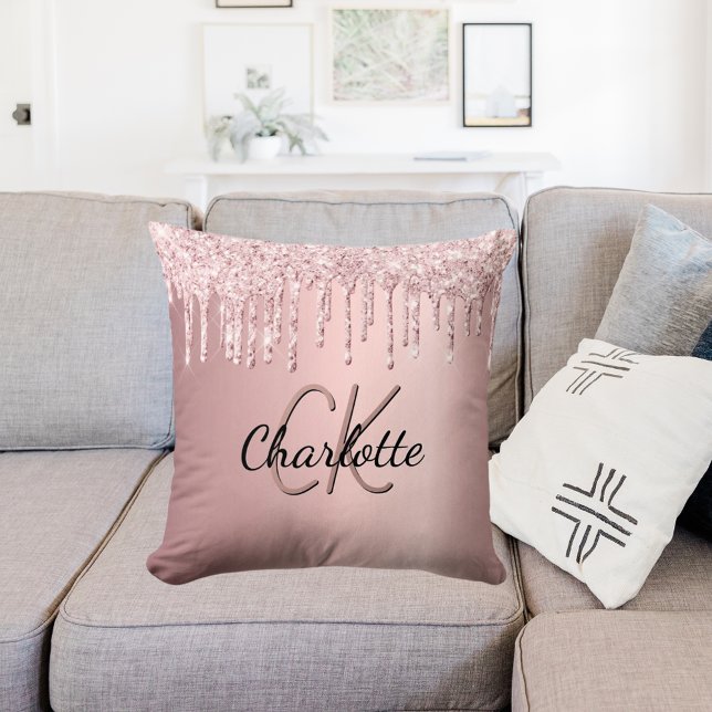  rosa glitter droppar anpassningsbar monogram namn kudde (Skapare uppladdad)