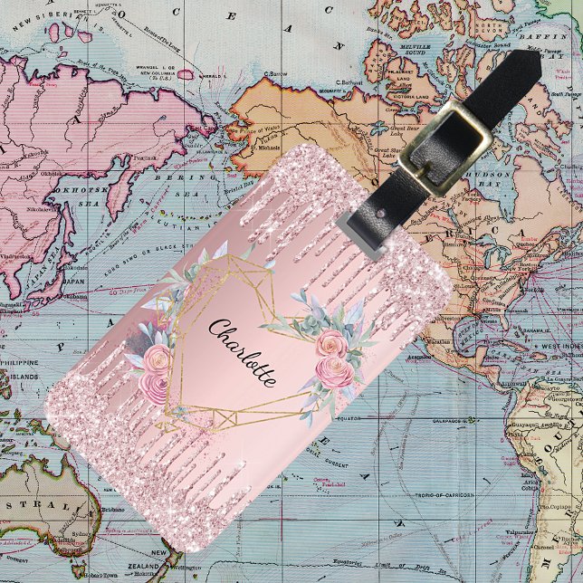  rosa glitter droppar blommigt monogram namn bagagebricka (Skapare uppladdad)