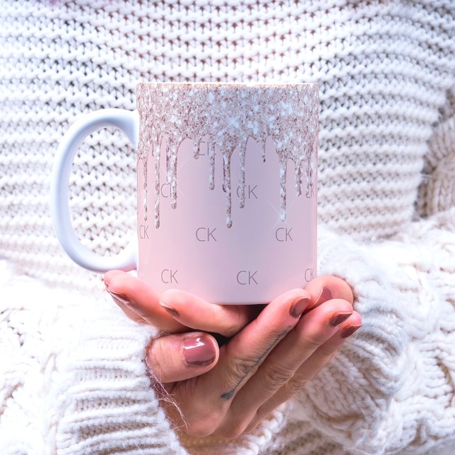  rosa glitter droppar gnistra monogram kaffemugg (Skapare uppladdad)
