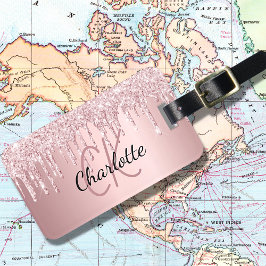  rosa glitter droppar i monogram namn bagagebricka