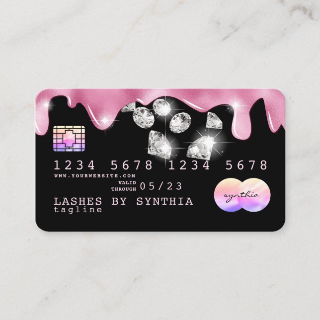 Rosa glitter droppar Kredit Card hologramdiamanter Visitkort (Framsida)