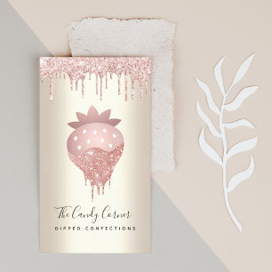 Rosa Glitter-droppjordgubbskonfektion Söt Guld Visitkort