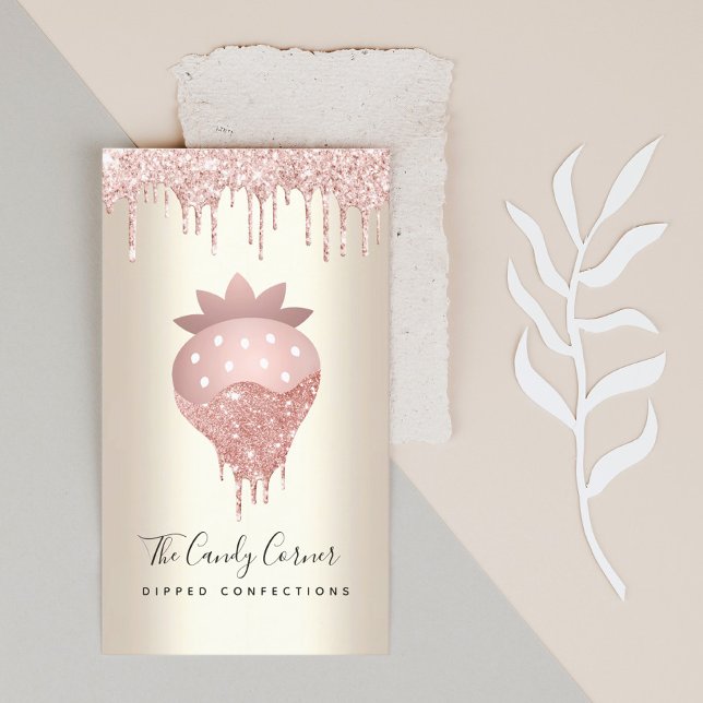 Rosa Glitter-droppjordgubbskonfektion Söt Guld Visitkort (Skapare uppladdad)